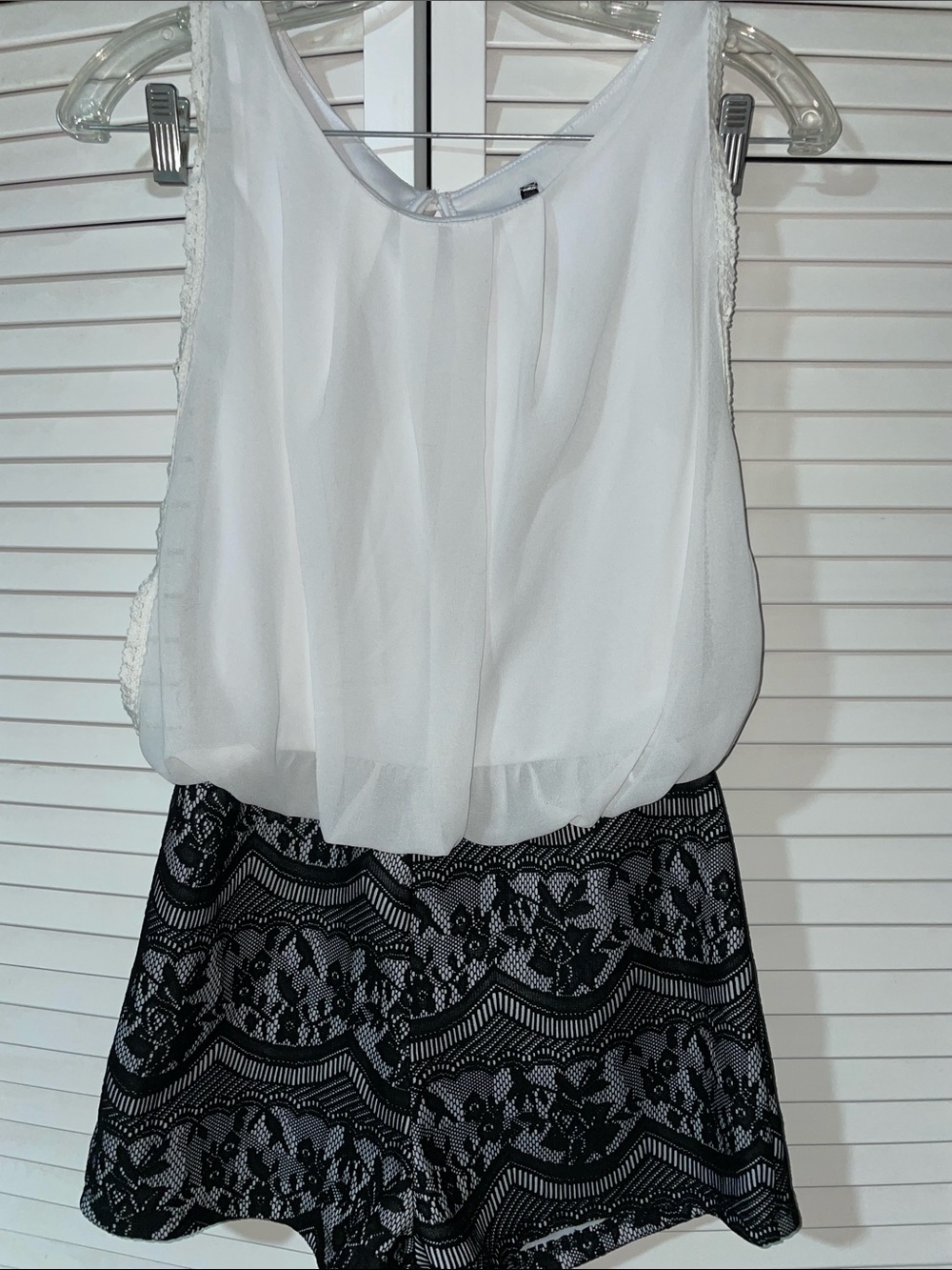 White Chiffon Bodice with Black Lace Shorts Romper